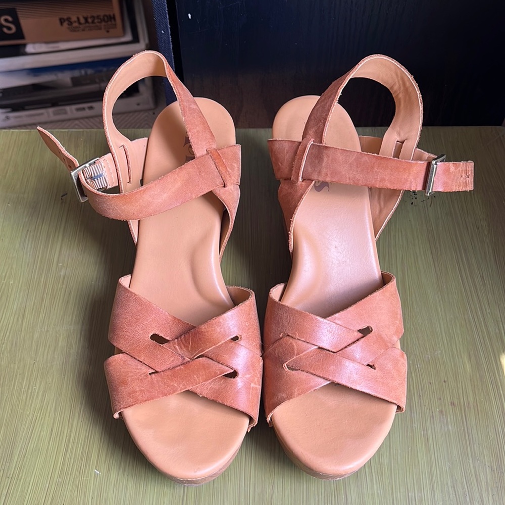 Korks genuine leather platform wood clog sandals, size 8